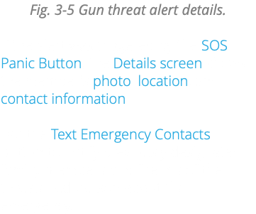 Fig. 3-5 Gun threat alert details. If the alert was triggered by the SOS Remote, the Details screen shows the member's photo, location, and contact information. Tap the Text Emergency Contacts button to notify previously designated familly members and friends of the threatened person about the emergency.