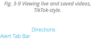 Fig. 3-9 Viewing live and saved videos, TikTok-style. To get directions to the location of an alert, tap the Directions item on the Alert Tab Bar.